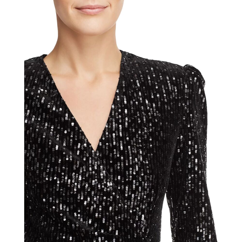 Maje NWOT Rivy Sequin Mini Dress Silver Black Velvet Wrap Long Sleeve Size 4 - Picture 4 of 12
